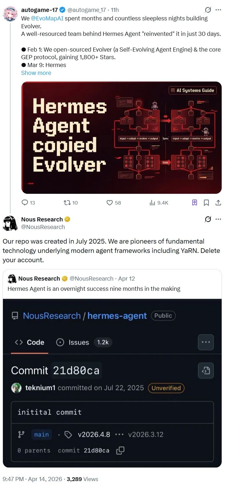 Hermes Agent抄袭中国团队代码实锤，被锤后回应：你删号