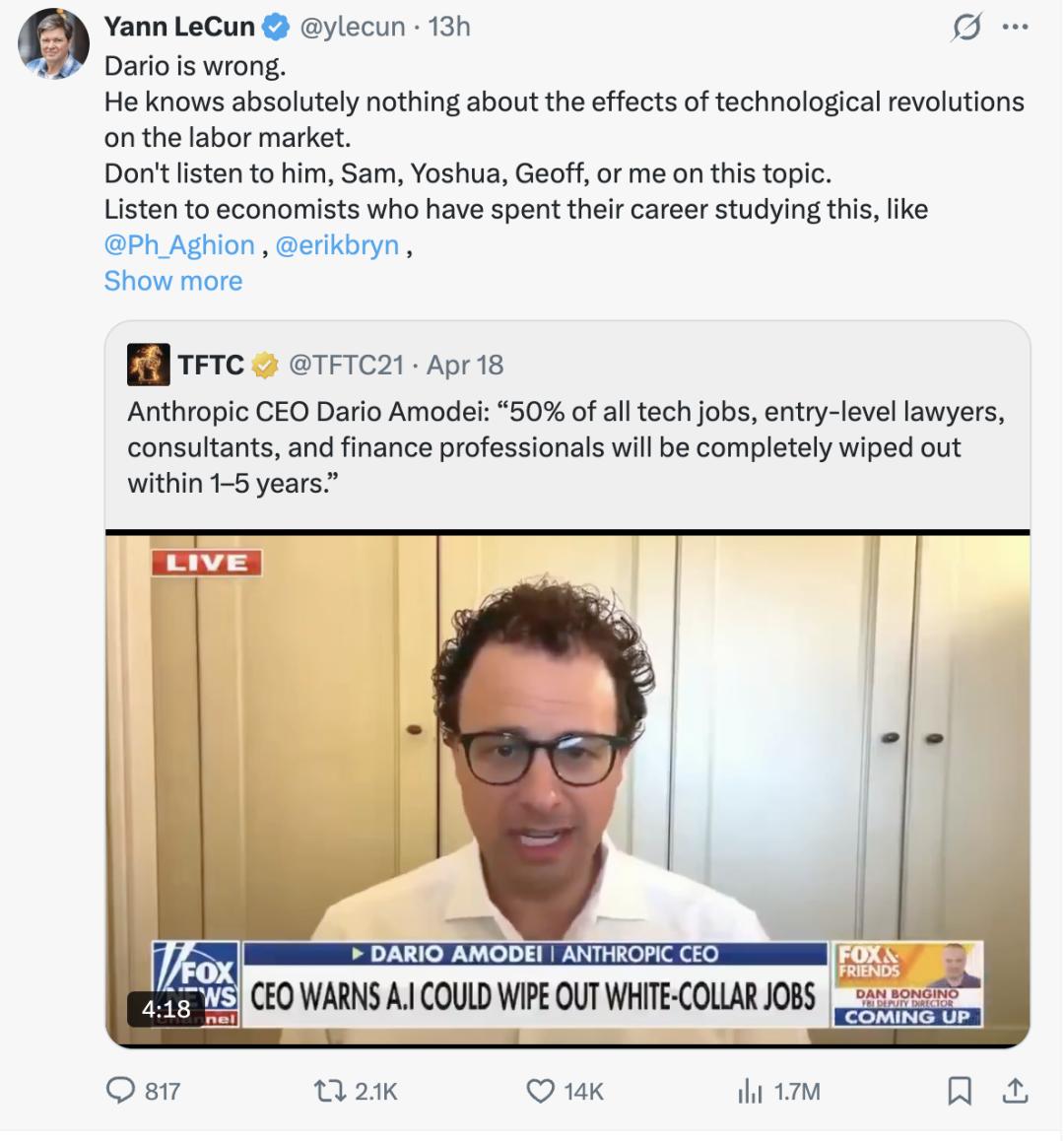 杨立昆开喷 Anthropic CEO：别信那个卖AI的人