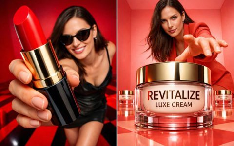 GPT-image-2 ｜震撼视觉的深红影棚广角美妆大片