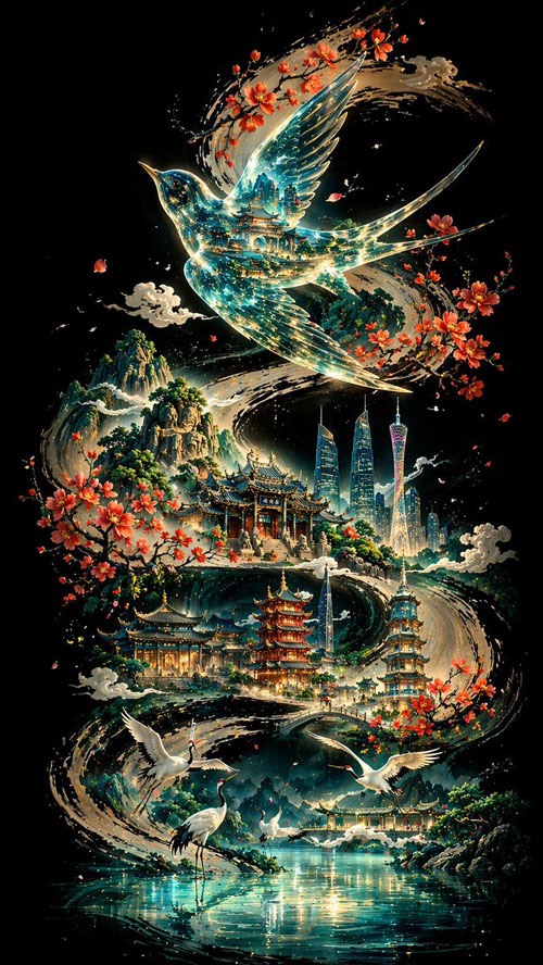 GPT-image-2 ｜琉璃透明画眉鸟飞舞羊城墨卷