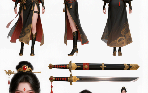 可灵AI  |  一套古风武侠女角色的AI设定集（角色三视图+服饰拆解+多表情特写）
