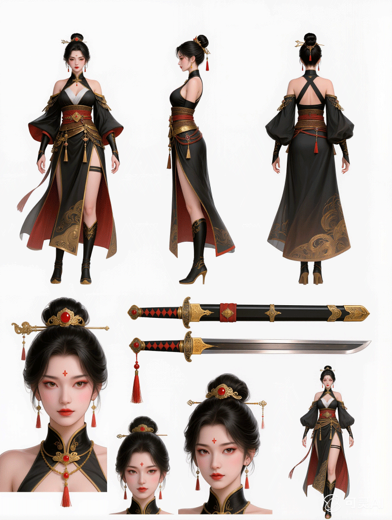 可灵AI 一套古风武侠女角色的AI设定集（角色三视图+服饰拆解+多表情特写）