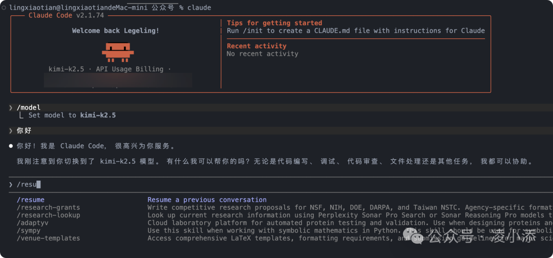 输入 / 后，Claude Code 会直接列出当前可用的内置命令和技能。