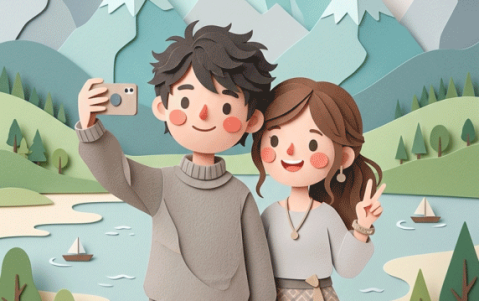 Nano Banana 2  |  可爱剪纸风户外情侣自拍插画