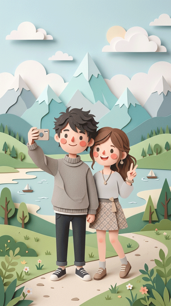 Nano Banana 2 可爱剪纸风户外情侣自拍插画