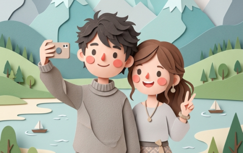 Nano Banana 2 可爱剪纸风户外情侣自拍插画